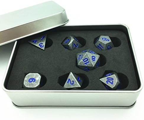 Truewon Metal Dice Set of 7 With Metal Case (Obsidian Black Surface Dark Blue Numbers)