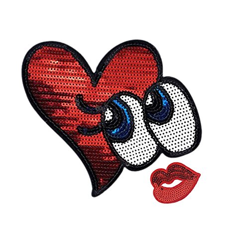 2 PCS/set Glitzer Herz Augen & Rot Lippen Iron On Patches Pailletten bestickt abzeichen Aufnäher Patch von sdetter rot