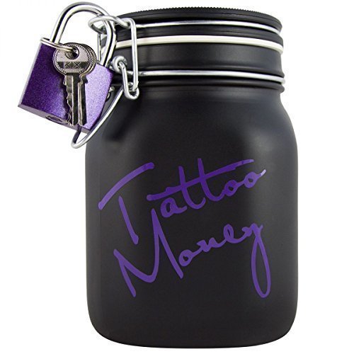Die Weltweit einmalige Tattoo Spardose in Schwarz mit Lila Schloss - Das Geld Geschenk fuer alle Tattoo Freunde