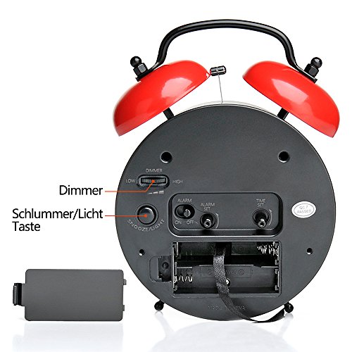 DreamSky Doppelglockenwecker mit sensorgesteuerter Lichtfunktion, Nachtlicht und Schlummerfunktion, 4 Zoll großes Zifferblatt, Analog Quarzwecker mit lautem Alarm, kein Ticken, geräuschlos, Batteriebetrieben, Schwarz&Rot - 3
