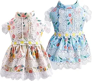 ABRRLO 2 Pack Dog Dress for Small Dogs Girl Summer Pet Clothes Cute Floral Lace Puppy Cat Princess Dress