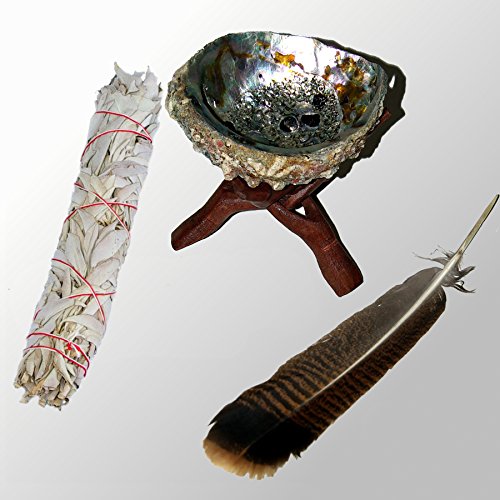 Set grande para el sahumerio con Salvia Blanca Apiana. Concha de 6-7pulgadas, pluma de pavo silvestre, tripode de madera