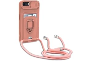 yanasuo Schiebe Kameraschutz Silikon Handykette Hülle kompatibel mit iPhone 6/6S/7/8/SE 2020, Metall Ring Halter Handy Cover,Verstellbarer Halskette Handyhülle-Pink