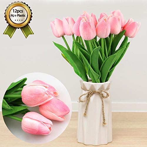 CRMICL Artificial Flowers, Artificial Tulips Silk, Tulip Flower with Leaves For Wedding Bouquet Decorate, Home Room or Birthday Garden Decor Pink