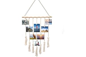 Komfami Makramee Wandbehang Wandteppich Bilder Foto-Display Bildorganisator Boho Deko mit 25 Holzklammern (Cremefarben)