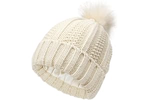 TOEECY Bonnet Femme Hiver Chaud Bonnet Tricoté avec Pompon en Fausse Fourrure Épais Souple Tricot Chapeau Satin Doublé Protéger la Coiffure Mode Slouchy Bobble Beanie