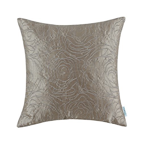 calitime Kissen Shell Kissenbezug Kunstseide Rosen Blumenmuster bestickt verschiedenen Farben 45 x 45 cm, Polyester-Mischgewebe, taupe, 45,7 x 45,7 cm