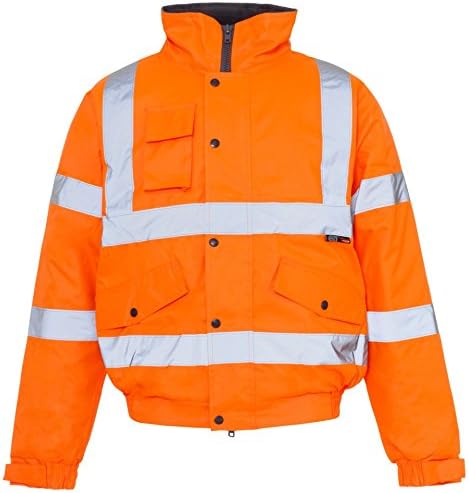 Mens Hi Viz Padded Waterproof Bomber Jacket With Hood Reflective Tape Mobile Pocket Quilted Work Coat High Vis Safety Workwear Security Road Works Concealed Hood Fluorescent Flashing EN471 Orange XXL