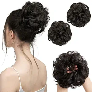 SARLA Messy Bun Hair Piece 2PCS Hair Bun Extensions Black Brown Curly Scrunchies Updo Ponytail Synthetic Hairpiece for Women H2&4#