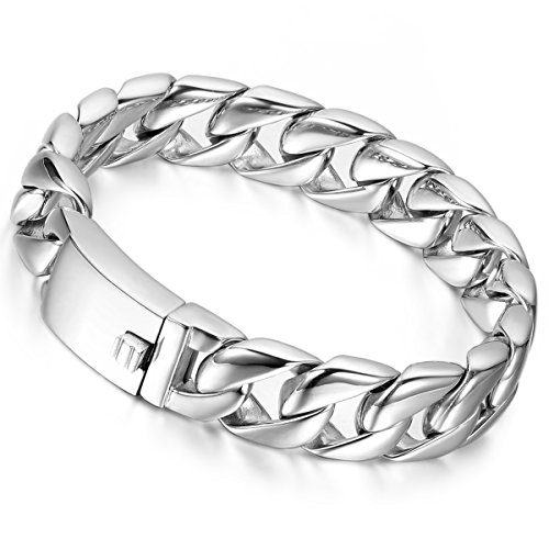 Flongo Herren-Armband Männer Armband Groß Panzerkette, Breit Herrenkette Cuban Curb Kette Fahrradkette Silber Motorradfahrer Biker Herren-Accessoires