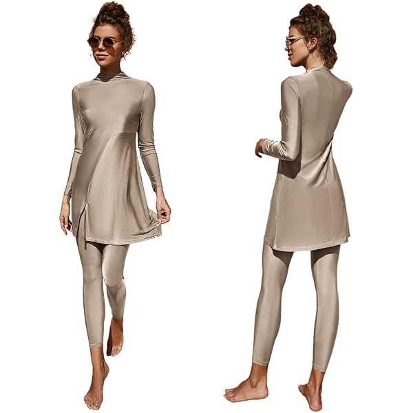 Burkini 2 Pièces Femme Avec Manches Longues - Maillot De Bain Modeste Été (Polyester, Plissé)