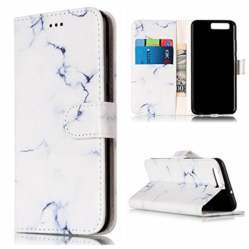 Preisvergleich Produktbild Lonchee Schutzhülle / Cover / Handyhülle / Ledertasche / Brieftasche Etui für Huawei P10 Marmormuster Gemalte Muster Design Folio PU Leder Tasche Case Hülle im BookStyle mit PU Leder Hülle Wallet Case – Weiß