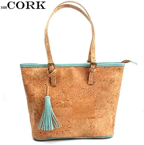 Natural Cork With (Sky Blue) Tassel Women Handbag, Women Original Totes Casual Totes Handbags Vegan High Quality Waterproofing Waxy Substance 100% Cork Sustainablebag-222-B - (Ecorcho)