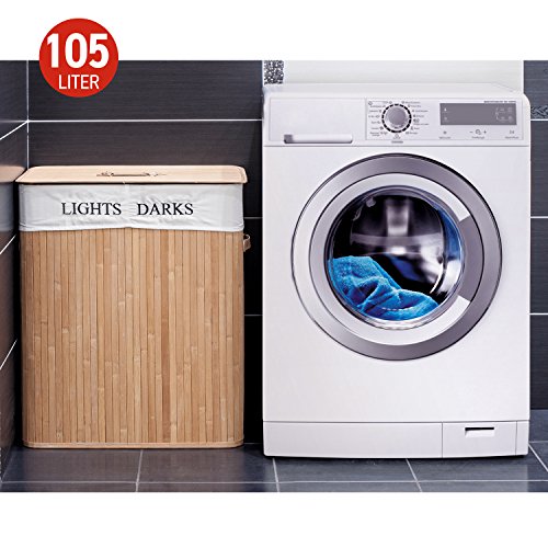 Tatkraft Carolina Groß 105L Wäschekörbe – Bodenkorb aus Bambus mit zwei Fächern für Helle und Dunkle Wäsche Lights&Darks - 3