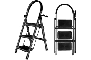 OHMG Escabeau 3 Marches avec Plateforme de Travail, Charge 150 kg Escabeau Pliable, Larges Marche Pied Pliable Antidérapantes, Tabouret en Acier Marche Pied Adulte,Charge 180 kg