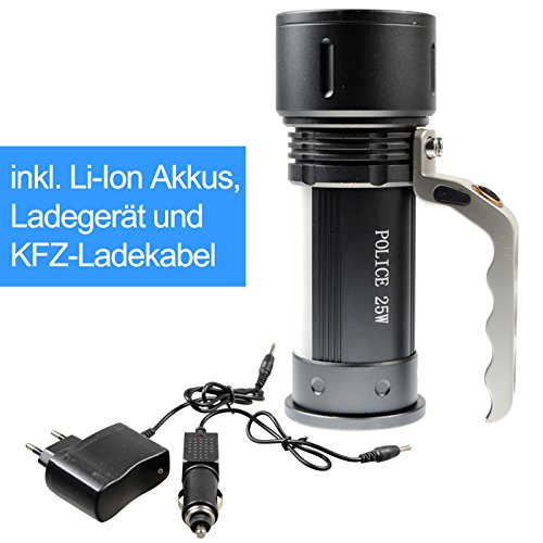 Akku Taschenlampe Police 25W LED High-Power Suchscheinwerfer inkl. 18650 Li-Ion Akkus, Ladegerät u. KFZ-Ladekabel - 3