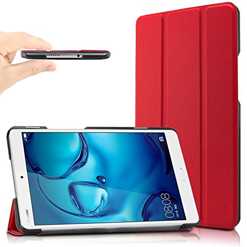 Huawei MediaPad M3 8.4 Hülle, Infiland Ultra Dünn Tri-Fold Smart-Muschel PU Leder Ultra Schlank Superleicht Ständer Smart Shell Cover Schutzhülle Etui Tasche für Huawei MediaPad M3 8.4 Tablet-PC (mit Auto Schlaf / Wach Funktion)(Rot)