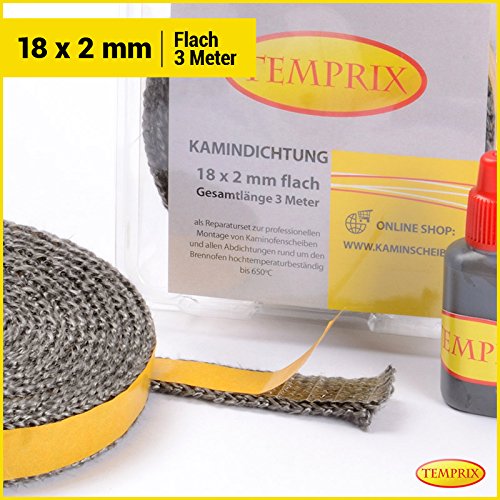 Temprix Kamindichtung 18 x 2 mm – 3 Meter inkl. Kleber (18 x 2 mm – 3 Meter (Topseller)) – feuerfeste Ofenschnur bis 650°C temperaturbeständig. - 2