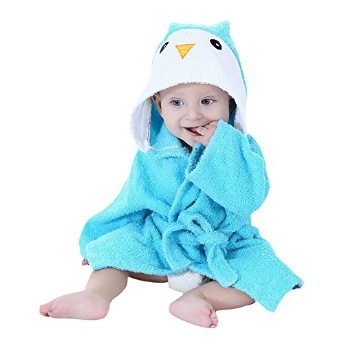 Preisvergleich Produktbild Woneart Baby Jungen Mädchen Bademantel mit Kapuze Morgenmantel Baumwolle Kapuzenhandtuch Strandtuch Badetücher Tiere Robe Mantel (L for 100-120cm, blue penguin)
