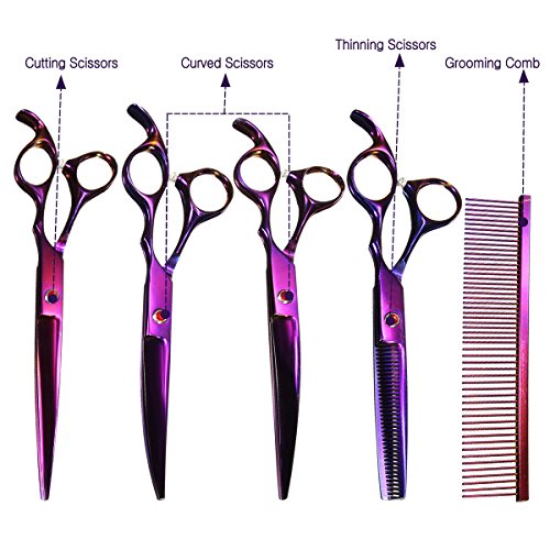 Pet-Grooming-Scissors-Kit-Focuspet-5-PCS-Cutting-Thinning-Curved-Scissors-Comb-with-Pouch-Purple