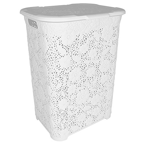 Wäschekorb Blumen 50L mit Farbauswahl - Wäschetruhe - Wäschekiste - Wäschesammler - Wäschebox (Weiß)