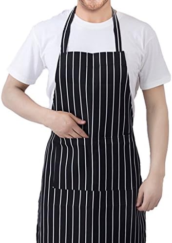 JUSTIME Chefs Apron,Cooking Kitchen Aprons with 2 Pockets,Unisex Bib Apron for Cooks Restaurant Bistro BBQ-Black/White Pinstripe