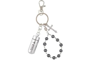 NEEDZO Holy Water Keychain with 1 Decade Black Hematite Bead Rosary with Miraculous Medal and Crucifix, 4 1/2 Inches