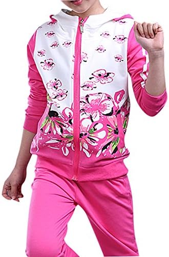 Vividda Girls Hooded Flower Butterfly Print Tracksuit Hoodie and Bottom Joggers Set Age 6-14 Rose 140