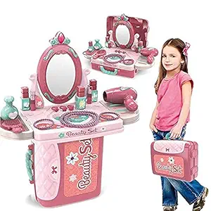 JESAVI ENTERPRISE Beauty Set for Kids Girls 3 in 1 Learning Educational Make Up Suitcase Kit with Makeup Accessories Pretend Play Set Portable Suitcase Beauty Makeup Kit for Doll Girls Toy Gift for Girls