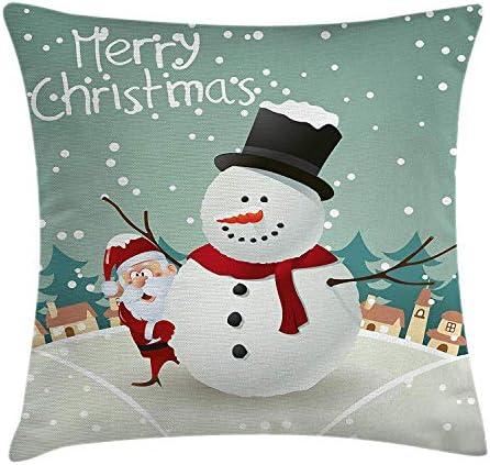 hanbaozhou Christmas Throw Pillow Cushion Cover, Merry Christmas Cartoon with Santa Snowman Pines Houses Winter, Decorative Square Accent Pillow Case, 18 X 18 inches, Almond Green Eggshell Red