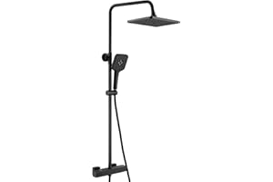 Auralum Columna Ducha Termostatica con Grifo Ducha Termostatico,Cabezal de Ducha Lluvia 12 Pulgadas Rectangular,Alcachofa de Ducha con 3 Modo,Barra de Ducha Altura Regulable,Negro