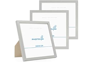 PHOTOLINI Cornici 20x20 cm argento legno MDF, set di 3 cornici per poster, plexiglass infrangibile, da tavolo o da parete, accessori extra inclusi - per foto, immagini e poster