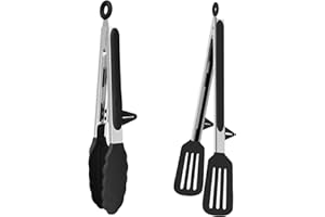 HONGTELLOR Pinzas de cocina 9 pulgadas Pinzas ×2 de barbacoa de acero inoxidable, Pinzas de cocina de silicona de grado alimenticio Con mango antideslizante y cerradura y soporte(Negro 23cm)