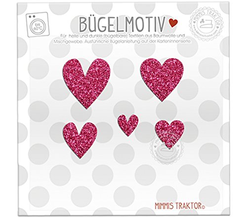 Mimmis Traktor® GLITZER Bügelbild 5 Herzen 3,5 cm bis 1,5 cm PINK