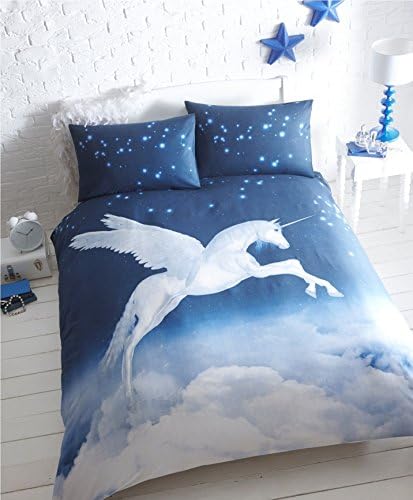 Unicorn Double Duvet Cover and 2 Pillowcase Bed Set, Polycotton, Blue