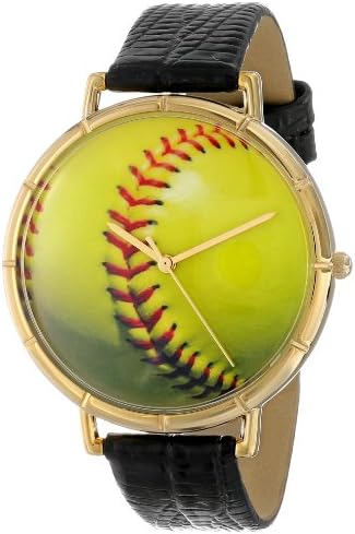 Softball Lover Black Leather and Goldtone Photo Unisex Quartz Watch with White Dial Analogue Display and Multicolour Leather Strap N-0840003