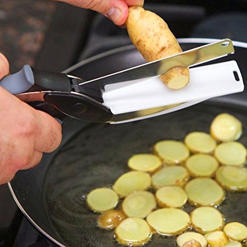 Intelligente -2 in1 vielseitig Küchenschere / integrierte Schneidebrett effizienter Schneiden Gurke, Gemüse,… Edelstahl Gemüseschneider - 4