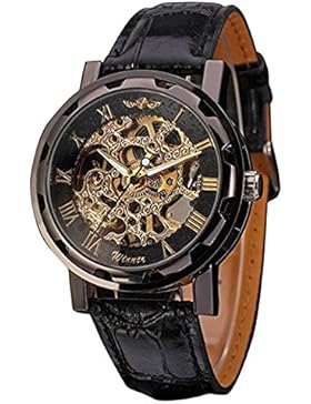 Herren Schwarz Elegante Skeleton Vorwahlknopf Hand-Wind Up Leder-mechanische Armbanduhr