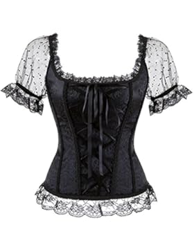 Bettydom Damen Corsage Top Taillen Korsett Bustier Corset Dirndl Bluse Trachten Shirt Wortschulter Spitze Schwarz...