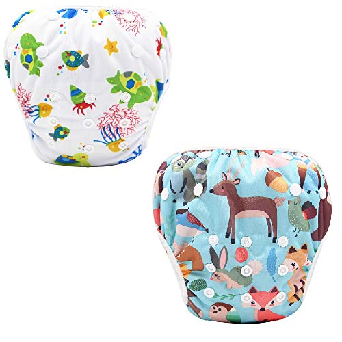 Preisvergleich Produktbild Baby Schwimmwindel 2 tlg. für Junge Mädchen wiederverwendbar Badewindel Badewindelhose für 1-2 Jahre 3-15kg (Seefische+Wildtiere)