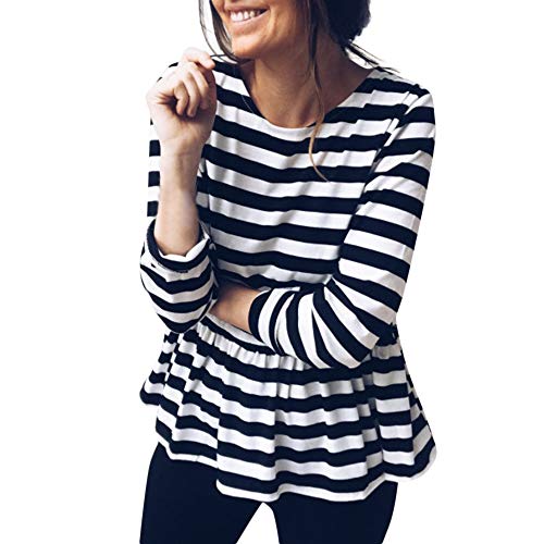 Preisvergleich Produktbild JUSTSELL Langarmshirts T Shirt für Damen Herbst, Frauen Gestreift Pullover Rundhalsausschnitt Oberteile Falten Saum Bluse Stilvoll Damentops Lässig Pullover Tops