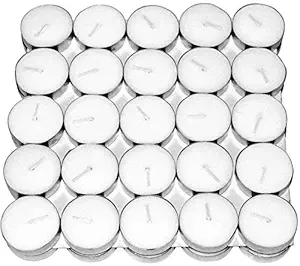 Amazon Brand - Gifts by AGNO Tealight Branded Diwali Diya Tea Light Candles 4 to 4.5 hrs (White, Smokeless, Unscented, and Wax) with Set of 50 Nos 50 Tea Lights White Colour