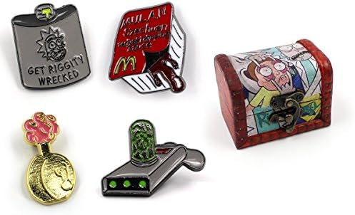 Rick &amp; Morty 4x Pin Badge Set In Wooden Gift Box