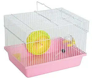 YML Single Story Dwarf Hamster Cage with Small Wheel/Dish and Water Bottle/Plastic Base, Pink, 10.5