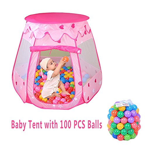Baby Play Tent, GIM Kids Pink Princess Play Tent Castle with 100 PCS Ocean Balls Foldable Popup Balls Play Tent Playhouse Indoor Outdoor (Pink, 47 * 35 Inch)