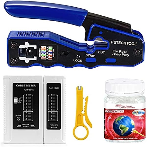 TAIWAIN Cat6 Network Tool Kit - RJ45 Crimper, Cable Tester, Stripper With 50 Connectors & Covers