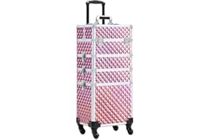 Abician Grande Valise de Maquillage 4 en 1 Mallette Maquillage Professionnelle Beauty Case pour Voyage 4 roulettes Cadre Aluminium Poignée Télescopique Serrures 34× 25,5 × 80,2 cm Rose pailleté