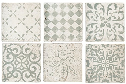 Ib Laursen - 6 Stück alte Fliesen Wandfliesen oder Untersetzer Marrakech (Groß) in Gruen Alt-Weiss, 15x15x1,5cm (1383-22)