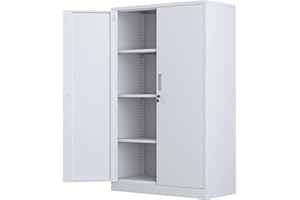 iJINGUR Metal Storage Cabinet with Locking Doors and 3 Adjustable Shelves, Lockable Steel Storage Cupboard for Home Office and Garage (White)