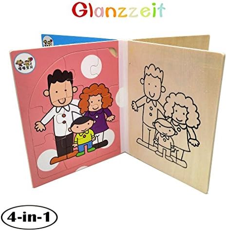 Glanzzeit Children Wooden Jigsaw Puzzles 4 in 1 Set with Drawing Board Painting Puzzles Book (Daily Life)